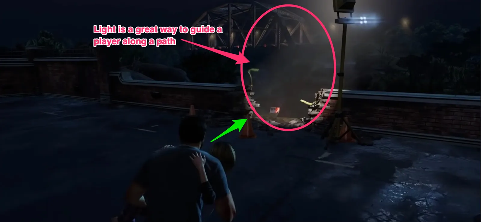 Joel carries Sarah across a dark rooftop in The Last of Us toward a lit gap in the wall.