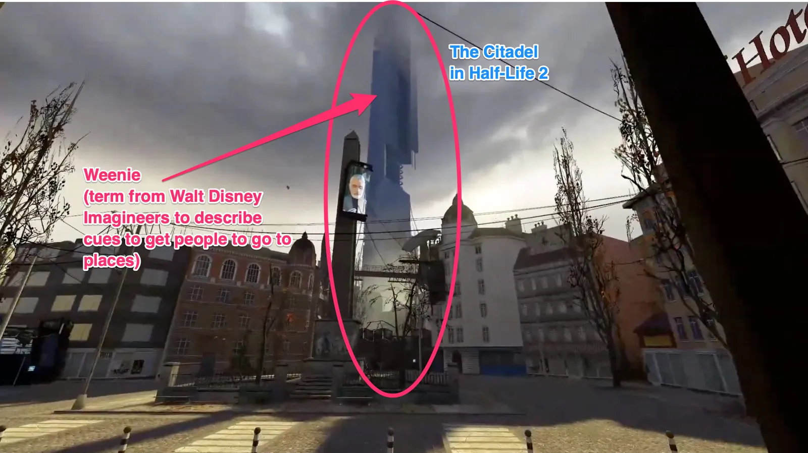 The Citadel tower looms over City 17 in Half-Life 2.